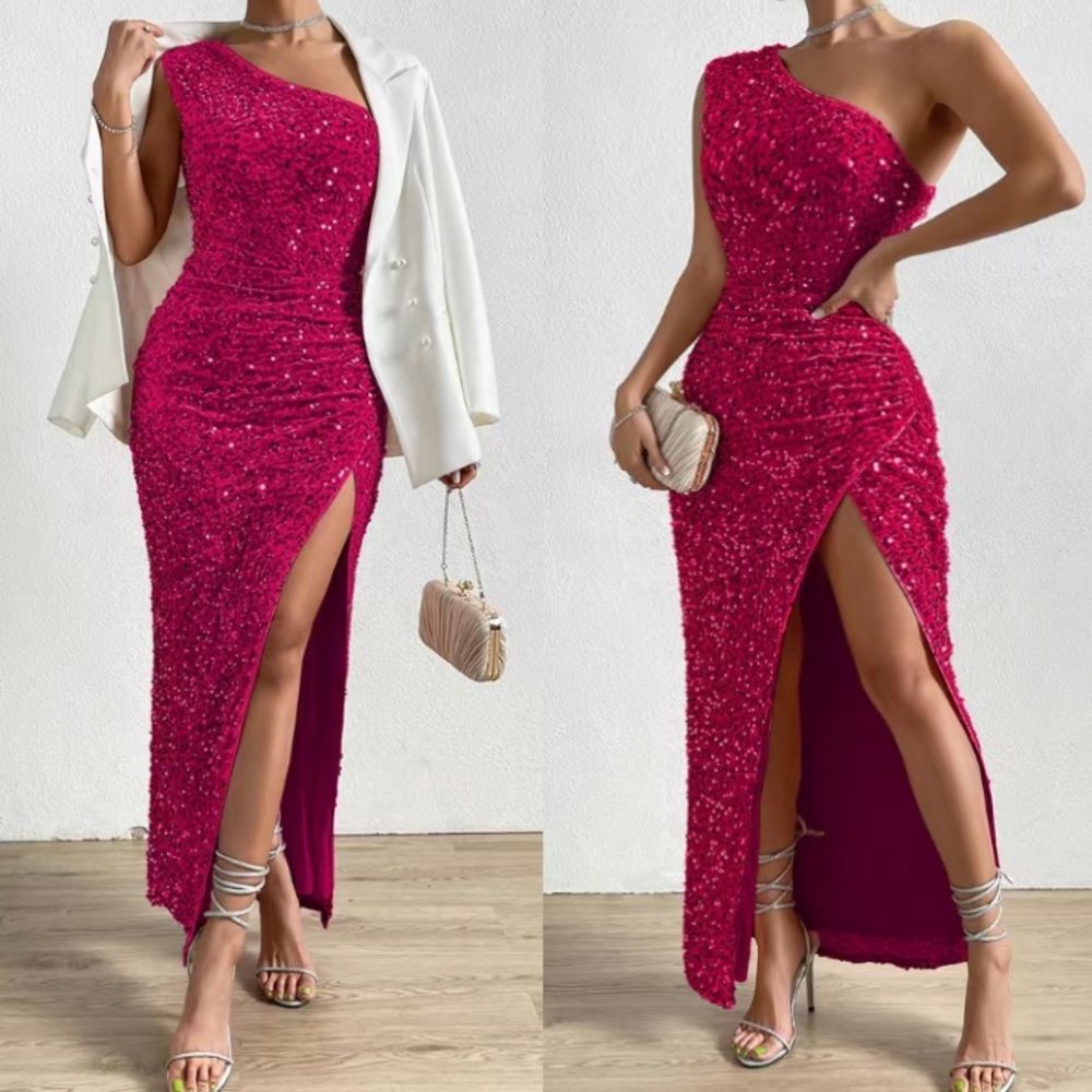Luxe blue one shoulder slit thigh party formal evening sequins dress - Picture 3 of 16